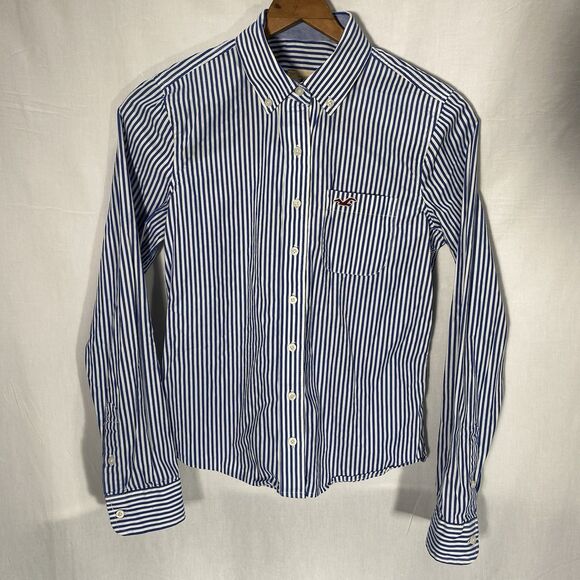 HOLLISTER Shirt Button Down Striped Long Sleeve 100% Cotton Womens S Blue White - Picture 2 of 10